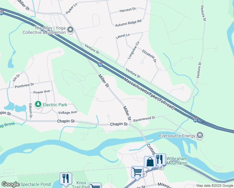 map of restaurants, bars, coffee shops, grocery stores, and more near 84 Miller Street in Ludlow