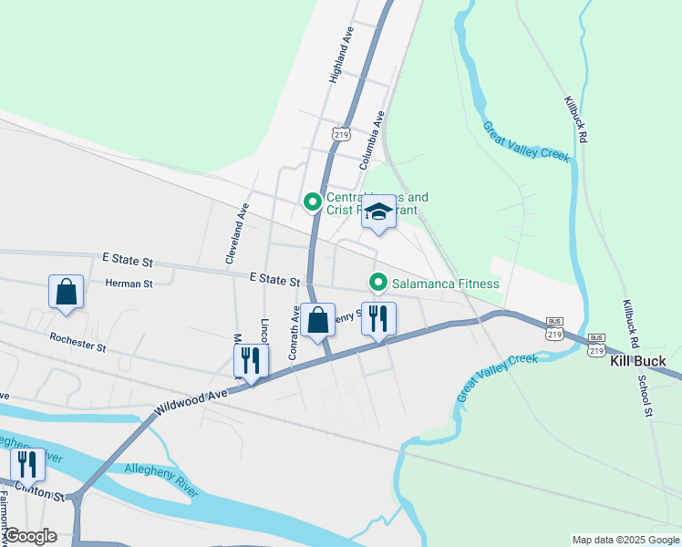 map of restaurants, bars, coffee shops, grocery stores, and more near 44 Sullivan Street in Salamanca