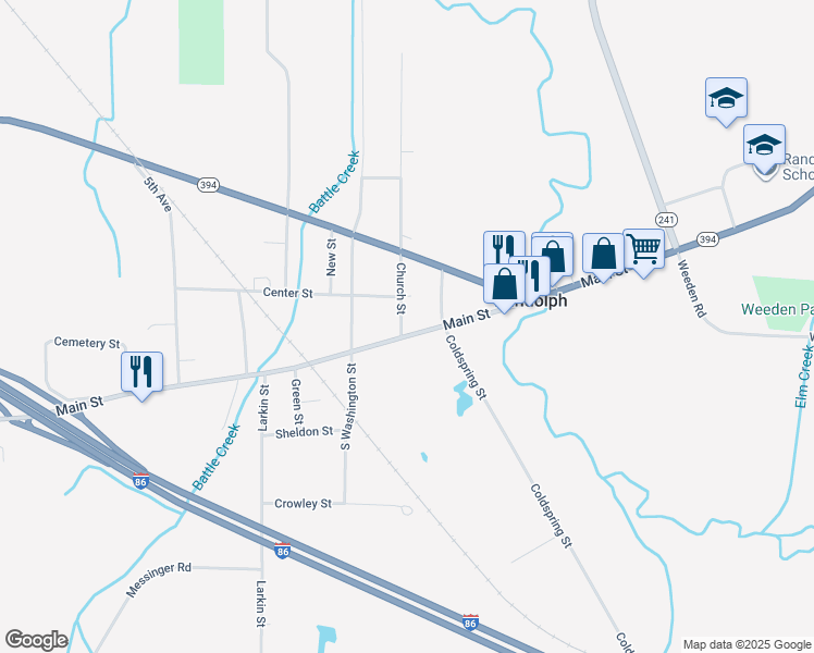 map of restaurants, bars, coffee shops, grocery stores, and more near 9 School Street in Randolph