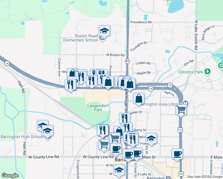 map of restaurants, bars, coffee shops, grocery stores, and more near in Barrington