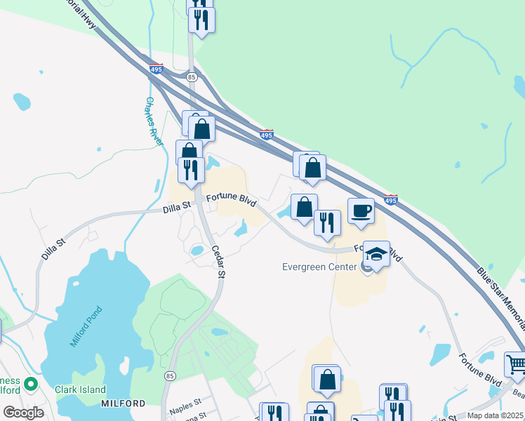 map of restaurants, bars, coffee shops, grocery stores, and more near 250 Fortune Boulevard in Milford