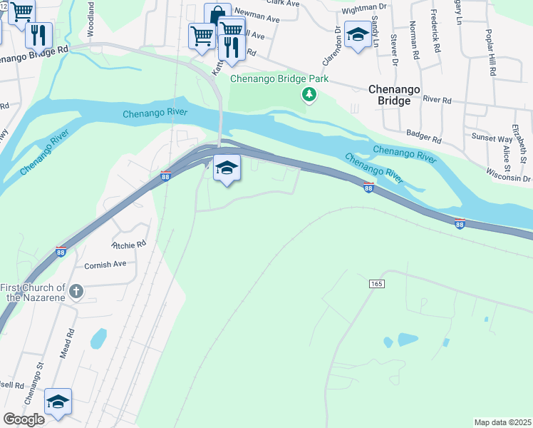 map of restaurants, bars, coffee shops, grocery stores, and more near 221 Chenango Bridge Road in Binghamton