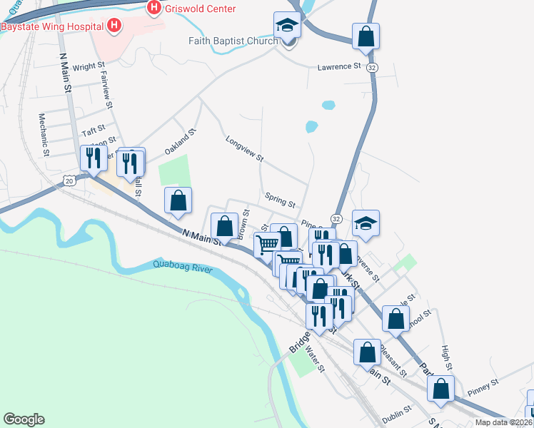 map of restaurants, bars, coffee shops, grocery stores, and more near 30 King Street in Palmer