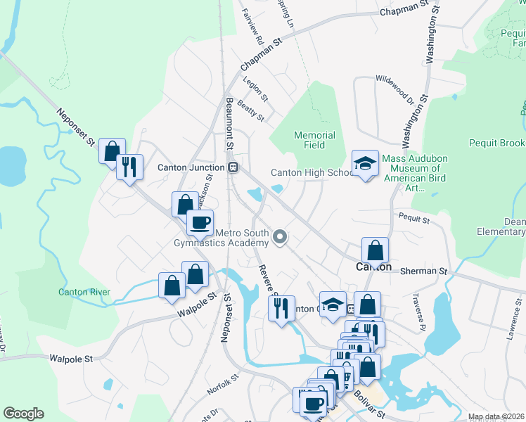 map of restaurants, bars, coffee shops, grocery stores, and more near 514 Sherman Street in Canton
