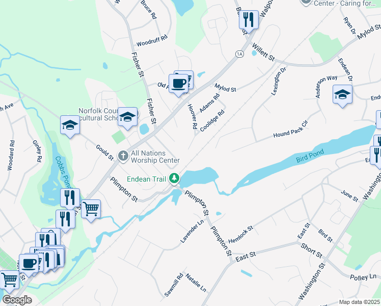map of restaurants, bars, coffee shops, grocery stores, and more near 55 Hoover Road in Walpole