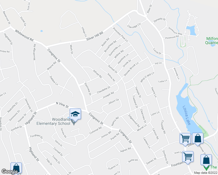 map of restaurants, bars, coffee shops, grocery stores, and more near 7 Alfred Road in Milford