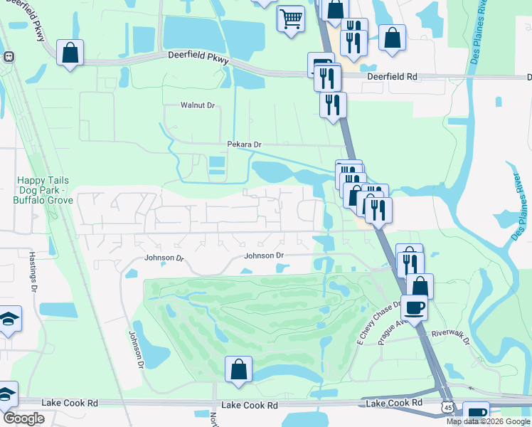 map of restaurants, bars, coffee shops, grocery stores, and more near 525 Winston Lane in Deerfield