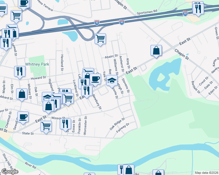 map of restaurants, bars, coffee shops, grocery stores, and more near 508 East Street in Ludlow