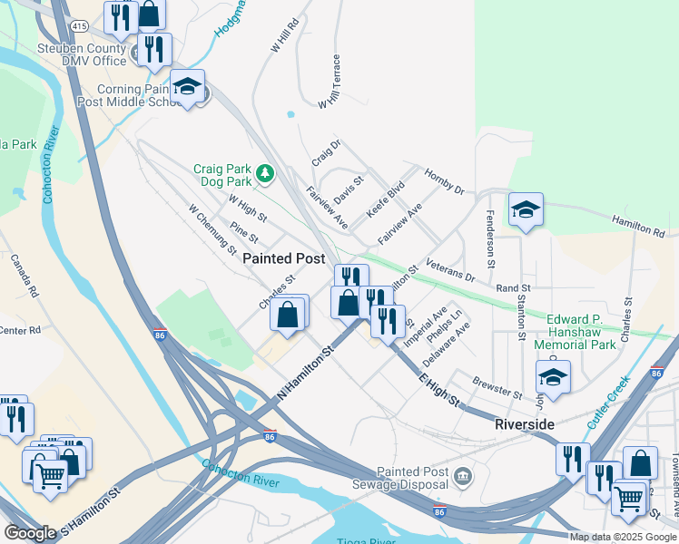 map of restaurants, bars, coffee shops, grocery stores, and more near in Painted Post
