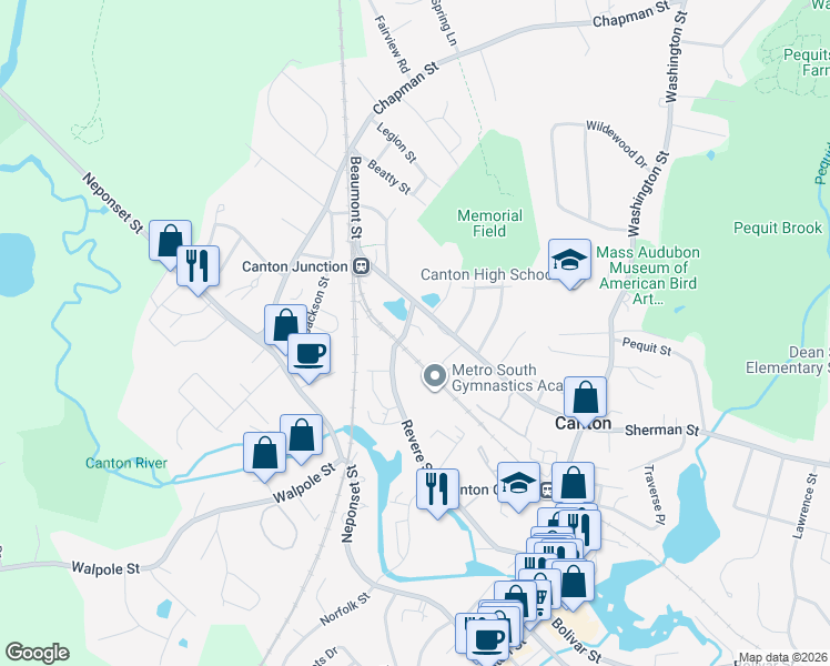 map of restaurants, bars, coffee shops, grocery stores, and more near 514 Sherman Street in Canton