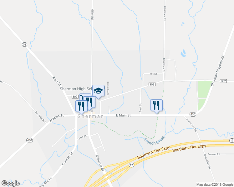 map of restaurants, bars, coffee shops, grocery stores, and more near 147 Park Street in Sherman