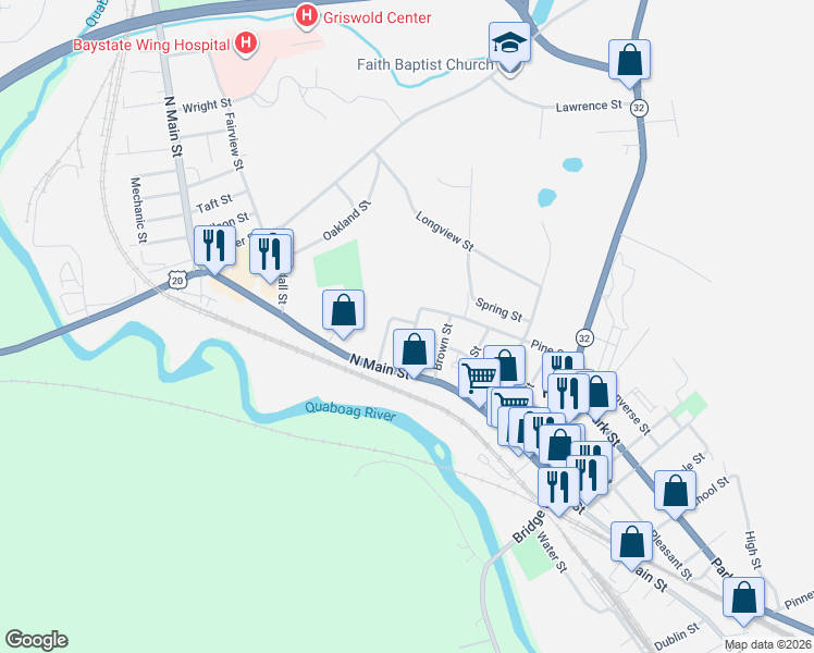 map of restaurants, bars, coffee shops, grocery stores, and more near 18 Holbrook Street in Palmer