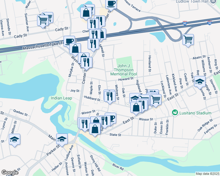 map of restaurants, bars, coffee shops, grocery stores, and more near 198 Sewall Street in Ludlow