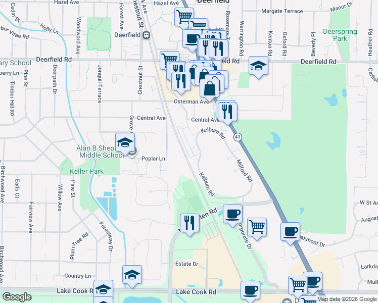 map of restaurants, bars, coffee shops, grocery stores, and more near 470 South Commons Court in Deerfield