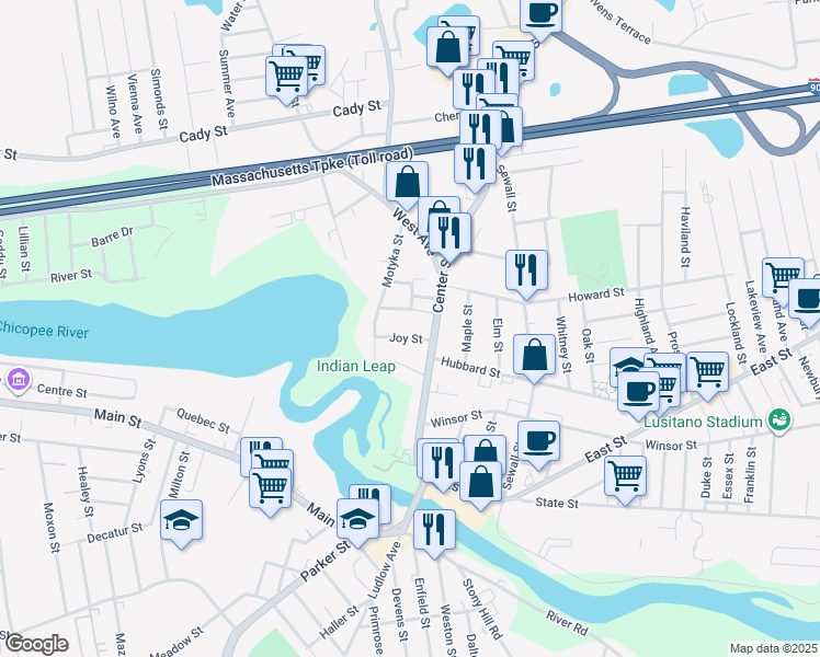 map of restaurants, bars, coffee shops, grocery stores, and more near 167 Massachusetts 21 in Ludlow