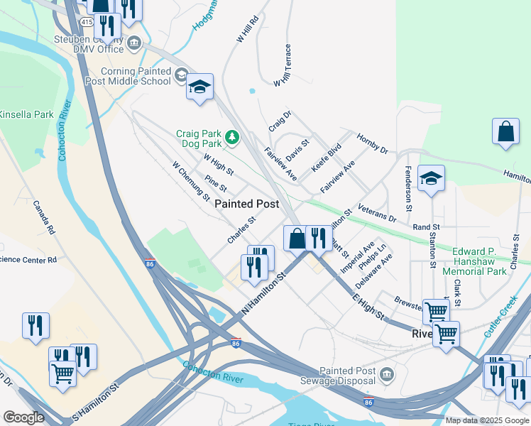 map of restaurants, bars, coffee shops, grocery stores, and more near 264 Charles Street in Painted Post