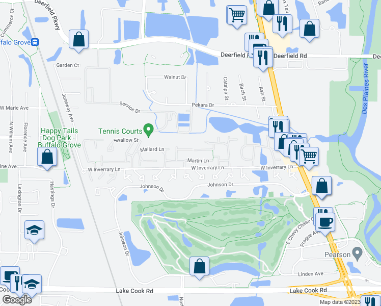 map of restaurants, bars, coffee shops, grocery stores, and more near 637 Pintail Street in Deerfield