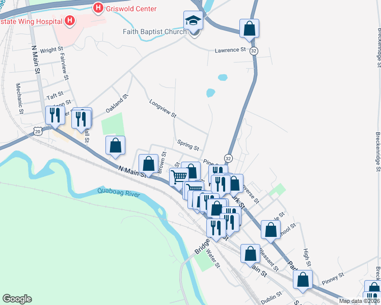 map of restaurants, bars, coffee shops, grocery stores, and more near 1045 Pine Street in Palmer