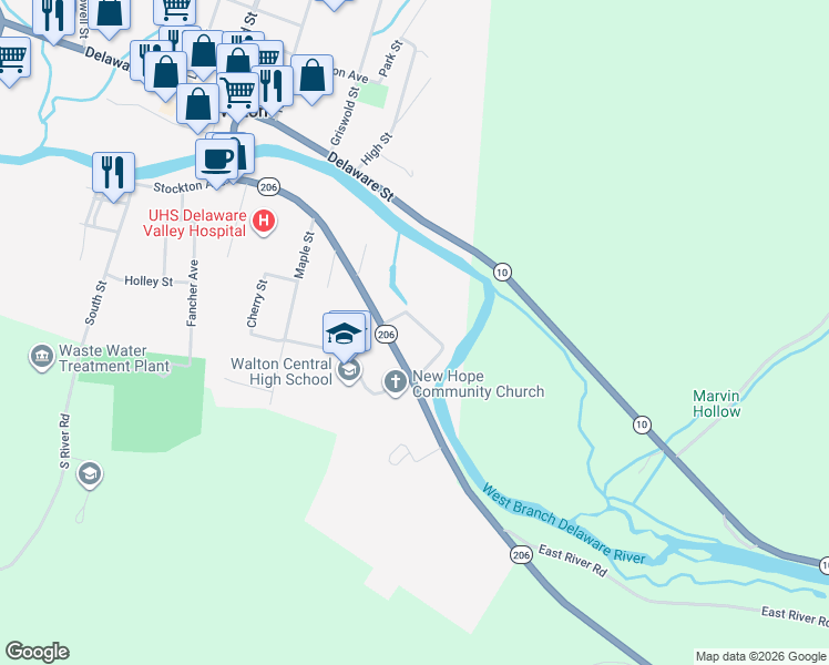 map of restaurants, bars, coffee shops, grocery stores, and more near 14 Terrace Ave in Walton