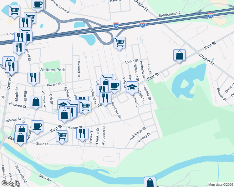 map of restaurants, bars, coffee shops, grocery stores, and more near 30 Pine Street in Ludlow