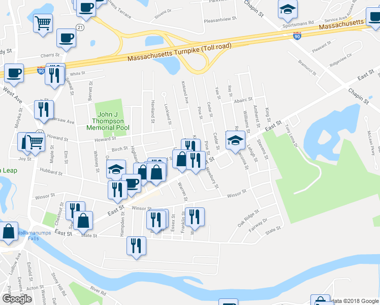 map of restaurants, bars, coffee shops, grocery stores, and more near 36 Lakeview Avenue in Ludlow