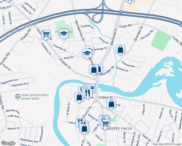 map of restaurants, bars, coffee shops, grocery stores, and more near 38 Wells Ave in Chicopee