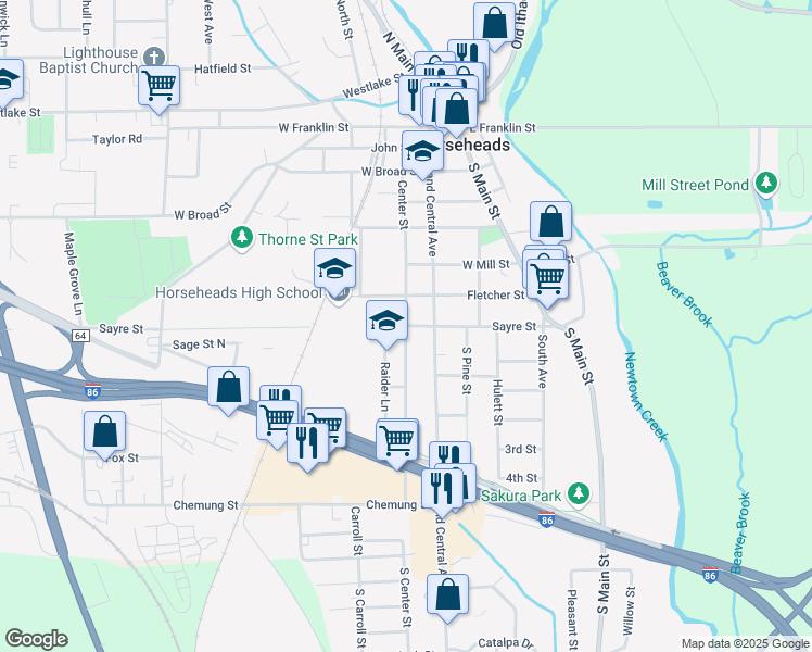 map of restaurants, bars, coffee shops, grocery stores, and more near Center Street in Horseheads