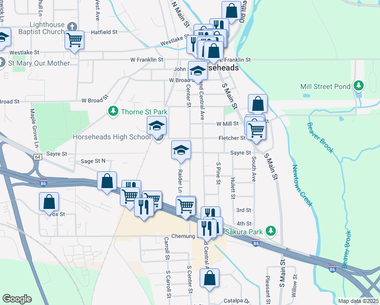 map of restaurants, bars, coffee shops, grocery stores, and more near Center Street in Horseheads