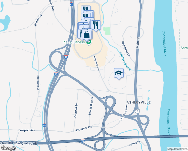 map of restaurants, bars, coffee shops, grocery stores, and more near 107 Whitney Avenue in West Springfield