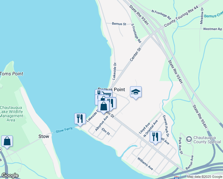 map of restaurants, bars, coffee shops, grocery stores, and more near in Bemus Point