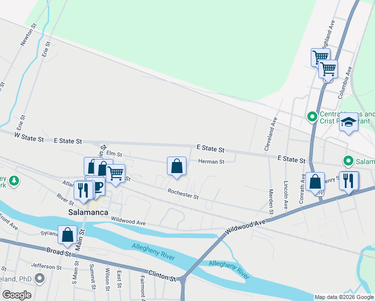 map of restaurants, bars, coffee shops, grocery stores, and more near 204 East State Street in Salamanca