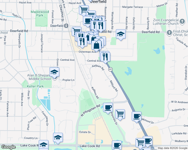 map of restaurants, bars, coffee shops, grocery stores, and more near 493 South Commons Court in Deerfield