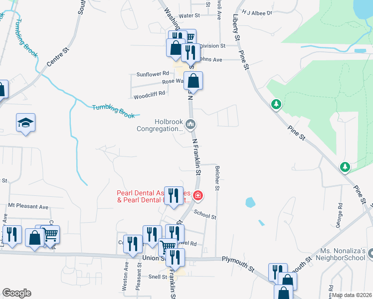 map of restaurants, bars, coffee shops, grocery stores, and more near 284 North Franklin Street in Holbrook