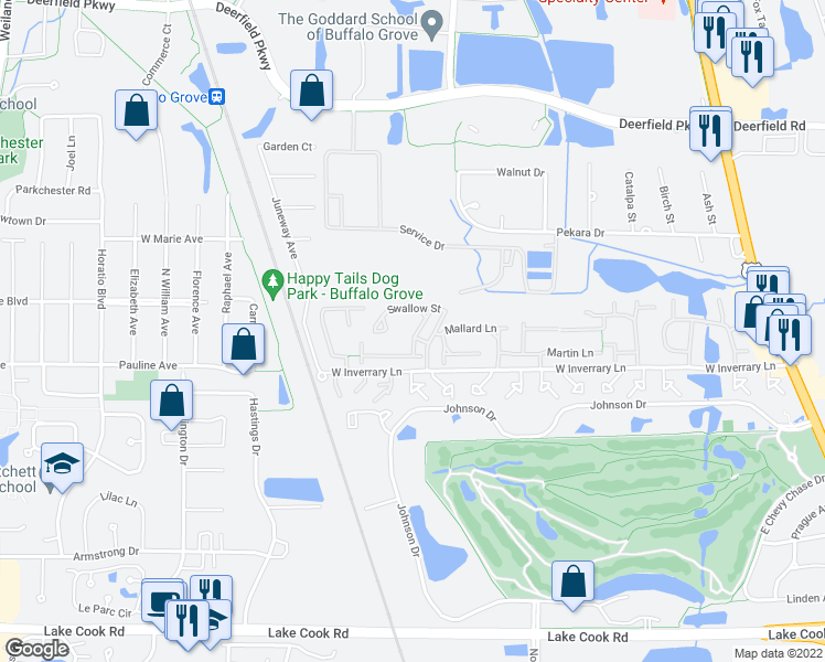 map of restaurants, bars, coffee shops, grocery stores, and more near 433 Swallow Lane in Deerfield