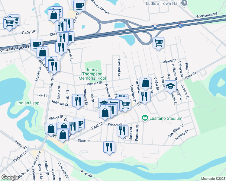map of restaurants, bars, coffee shops, grocery stores, and more near 89 Prospect Street in Ludlow