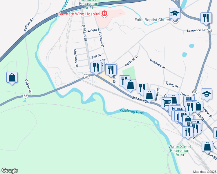map of restaurants, bars, coffee shops, grocery stores, and more near 1580 North Main Street in Palmer