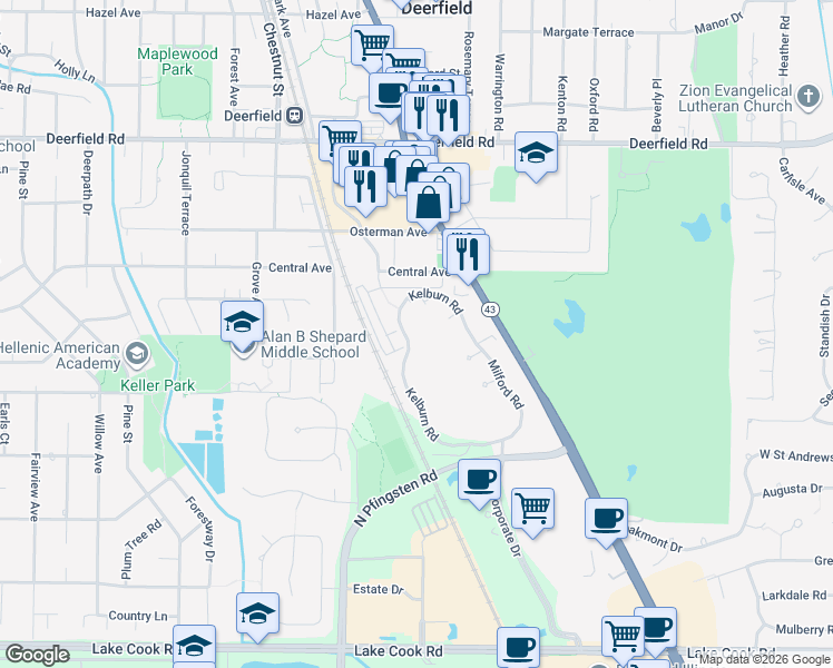 map of restaurants, bars, coffee shops, grocery stores, and more near 493 South Commons Court in Deerfield