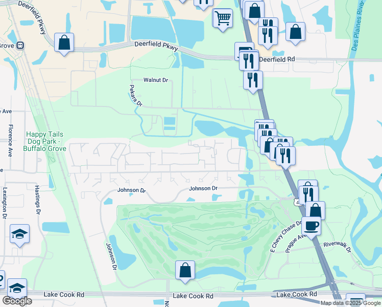 map of restaurants, bars, coffee shops, grocery stores, and more near 612 Pheasant Lane in Deerfield
