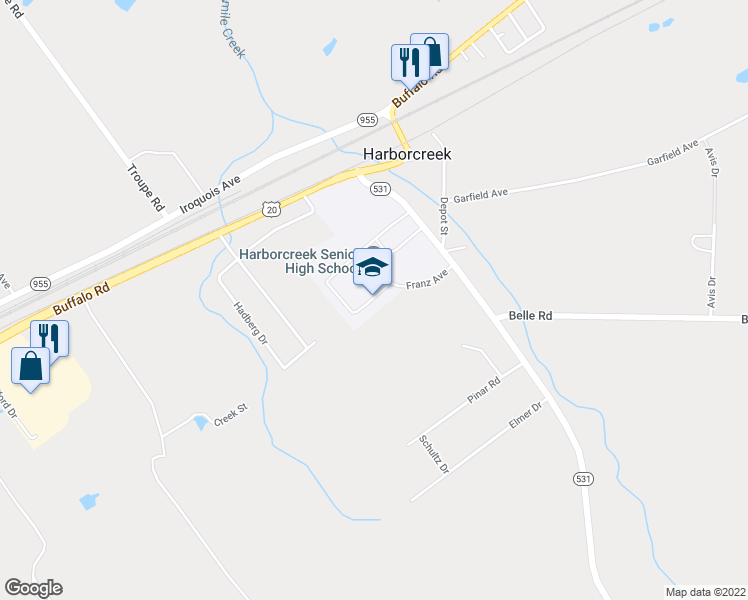 map of restaurants, bars, coffee shops, grocery stores, and more near 6375 Buffalo Rd in Erie