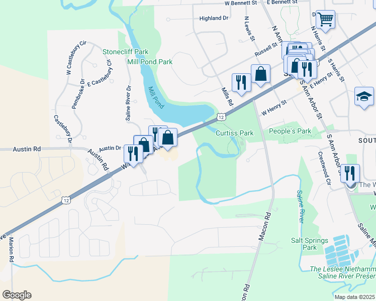 map of restaurants, bars, coffee shops, grocery stores, and more near 555 West Michigan Avenue in Saline