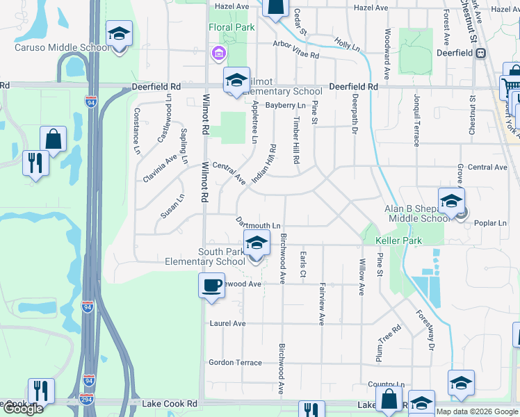 map of restaurants, bars, coffee shops, grocery stores, and more near 434 Circle Court in Deerfield