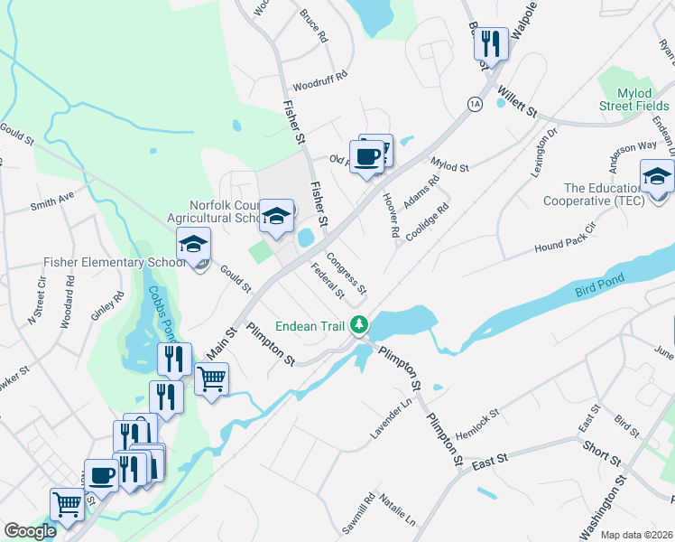 map of restaurants, bars, coffee shops, grocery stores, and more near 31 Congress Street in Walpole