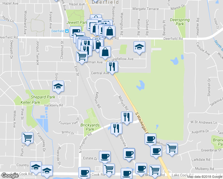 map of restaurants, bars, coffee shops, grocery stores, and more near 506 Milford Road in Deerfield