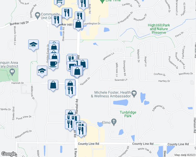 map of restaurants, bars, coffee shops, grocery stores, and more near 1167 Sawmill Lane in Algonquin