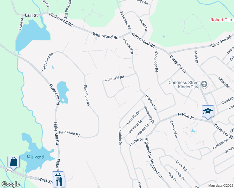 map of restaurants, bars, coffee shops, grocery stores, and more near 39 Littlefield Road in Milford