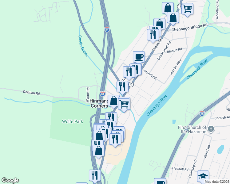 map of restaurants, bars, coffee shops, grocery stores, and more near 20 Fuller Road in Binghamton
