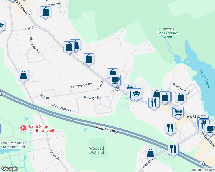 map of restaurants, bars, coffee shops, grocery stores, and more near 320 Washington Street in Norwell