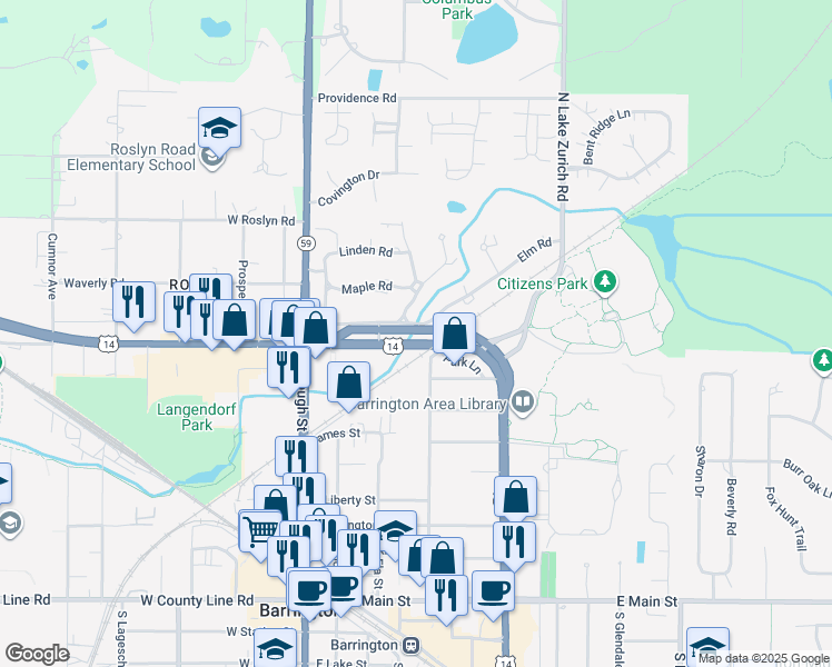 map of restaurants, bars, coffee shops, grocery stores, and more near 375 Elm Road in Barrington
