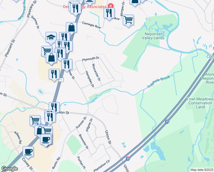 map of restaurants, bars, coffee shops, grocery stores, and more near 55 Hampden Drive in Norwood