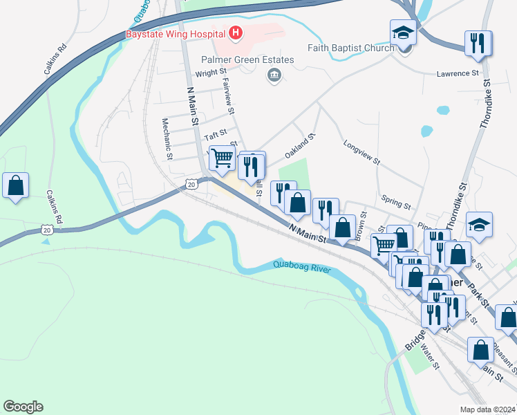 map of restaurants, bars, coffee shops, grocery stores, and more near N Main St & Randall St in Palmer